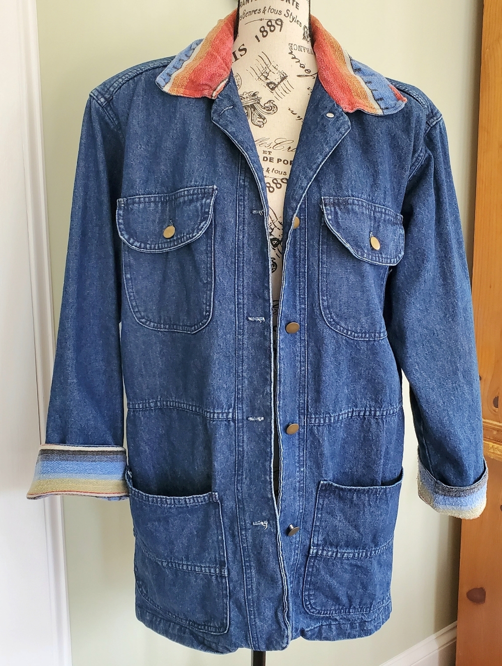 Vintage Stampede Southwestern Blanket Lined Denim Chore Coat